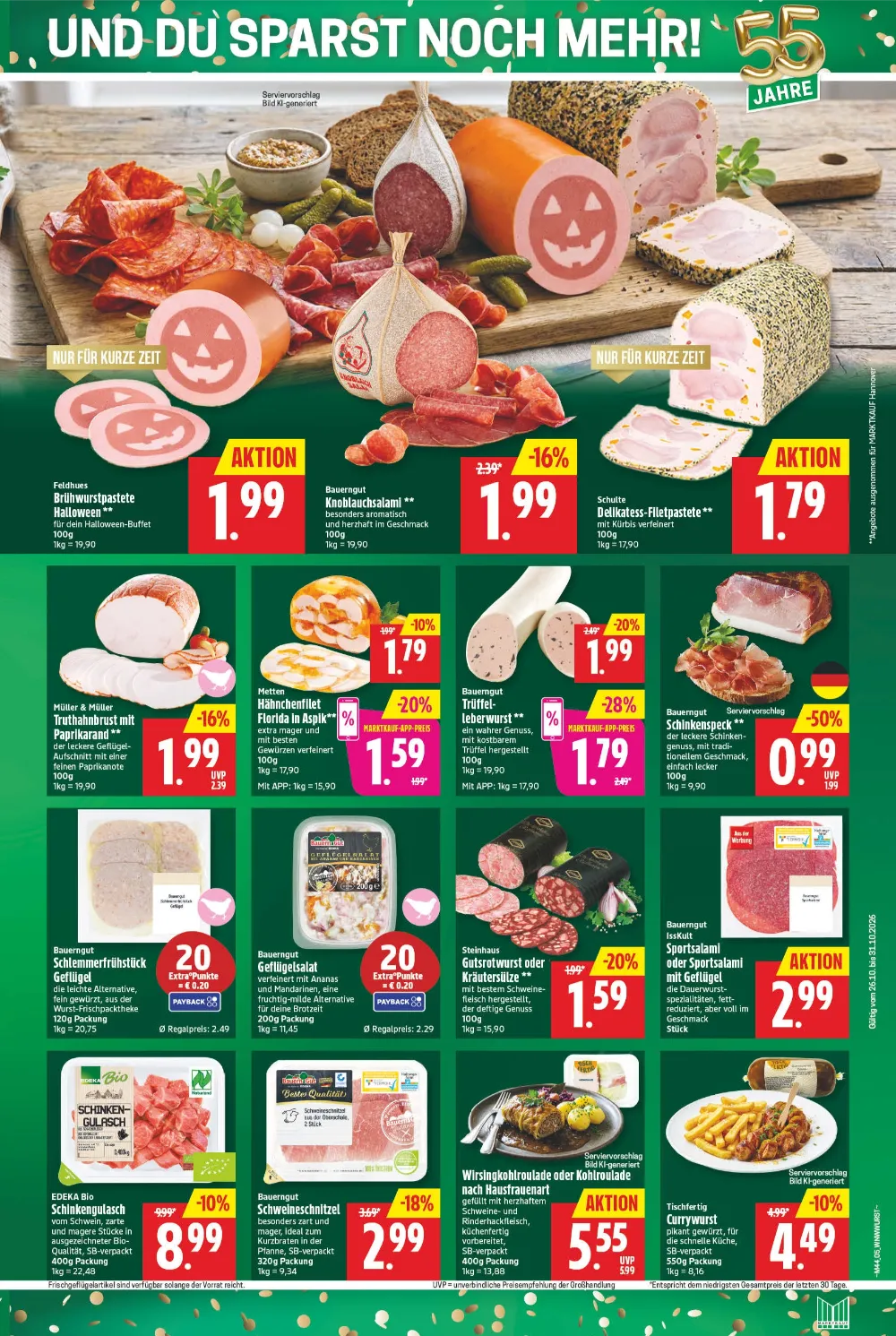 Marktkauf Nord Prospekt KW 44, Seite 5 Brühwurstpastete Halloween, Knoblauchsalami, Trüffel-Leberwurst, Schinkenspeck und Schweineschnitzel