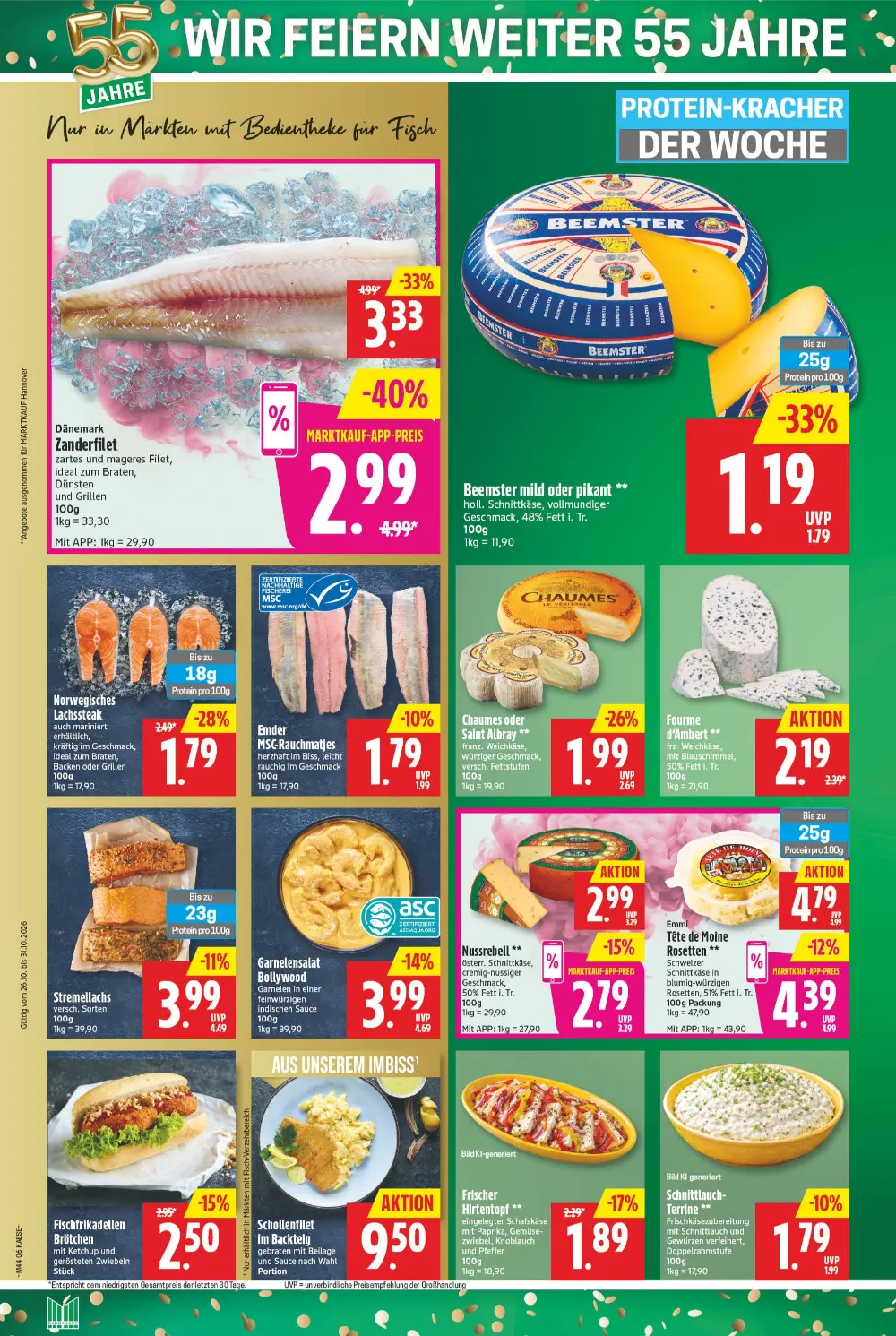 Marktkauf Nord Prospekt KW 44, Seite 6 Zanderfilet, Beemster, Norwegisches Lachssteak, Emder Rauchmatjes, Chaumes und Garnelensalat