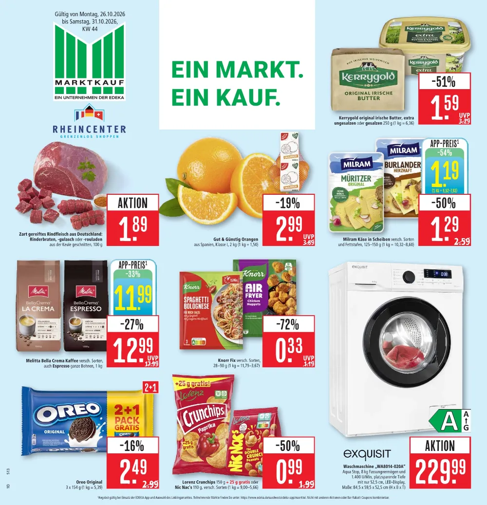 Marktkauf Südwest Prospekt ab 26.10.2026, Seite 1 Rinderbraten, Orangen, Milram Käse, Melitta Bella Crema und Knorr Fix