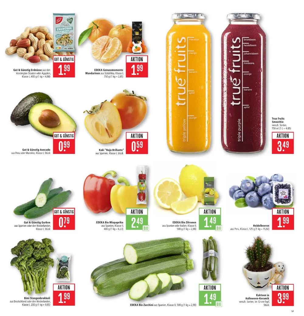 Marktkauf Südwest Prospekt KW 44, Seite 5 Erdnüsse, Mandarinen, True fruits Smoothie, Avocado, Kaki, Gurken und Mixpaprika