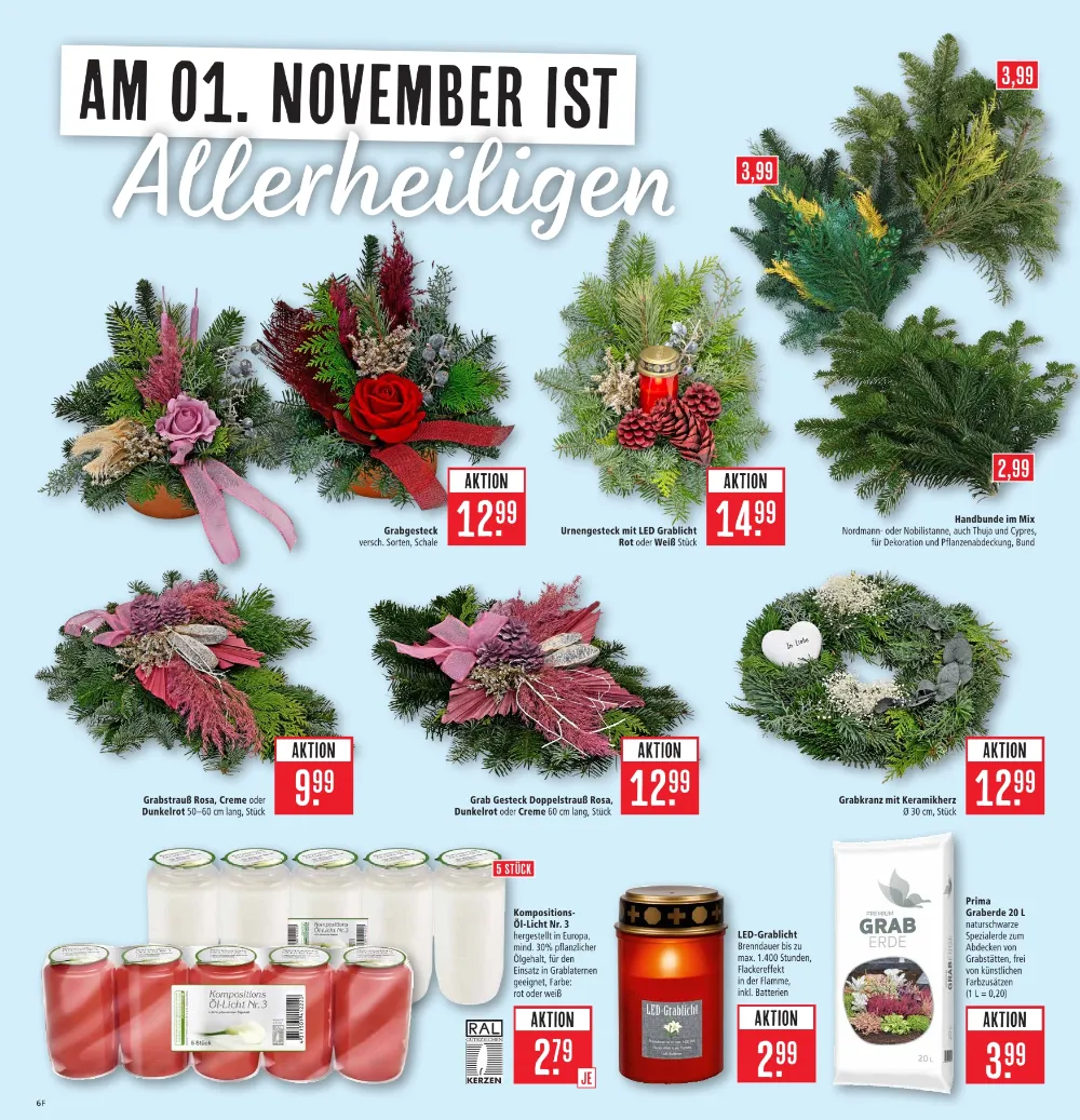 Marktkauf Südwest Prospekt KW 44, Seite 6 Grabgesteck, Urnengesteck mit LED Grablicht, Handbunde im Mix und Grablicht