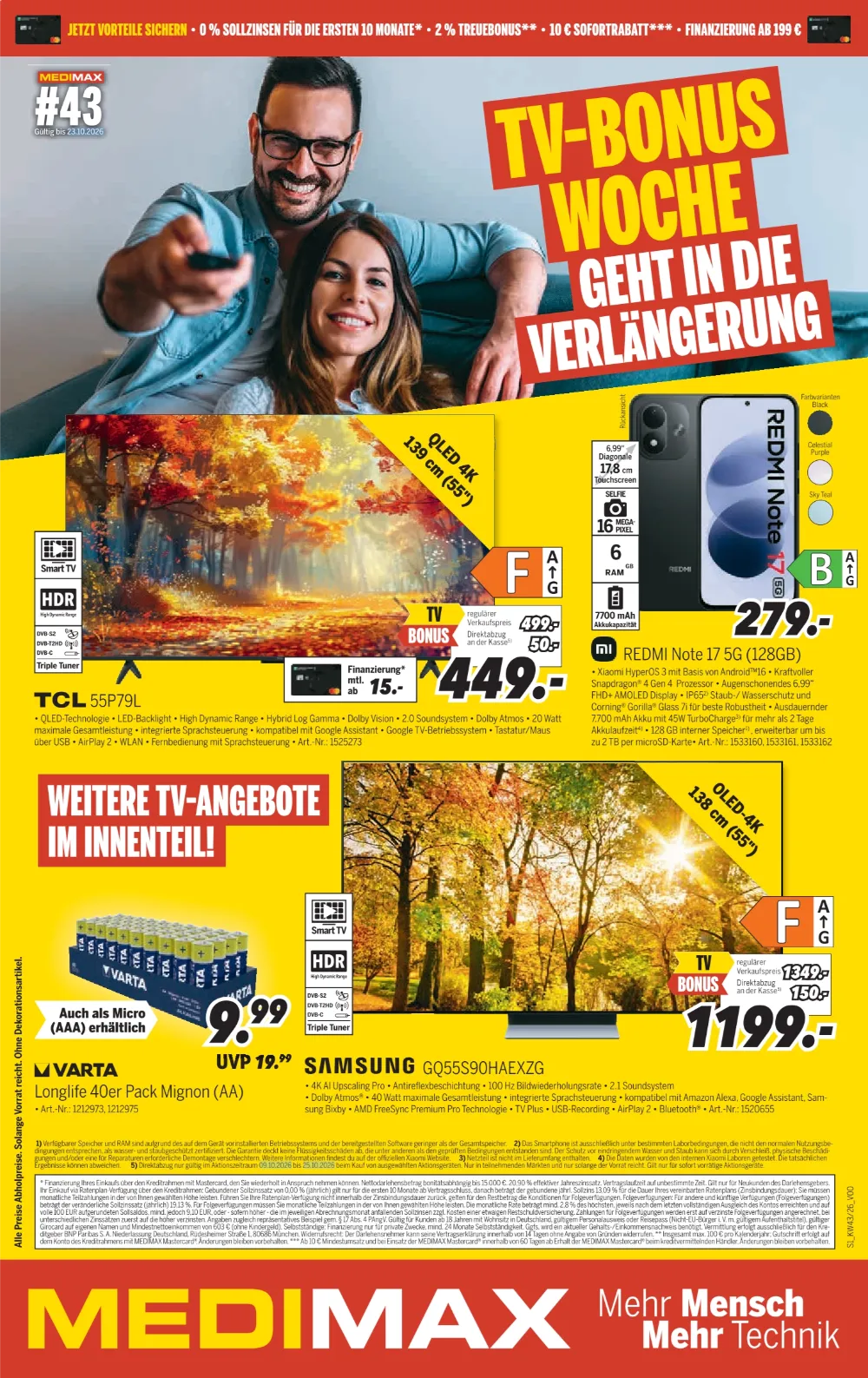 MEDIMAX Angebote ab 16.10.2026 Seite 1 mit angeboten für TCL Smart-TV, Xiaomi Redmi Note 17, Varta Batterien & Samsung OLED-TV