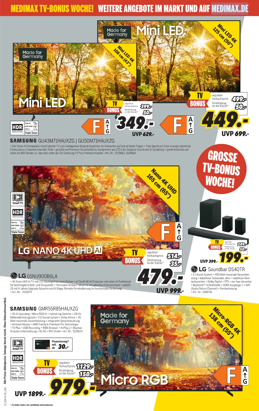 MEDIMAX Angebote KW 43 Seite 2 mit angeboten für Samsung Mini LED TV, LG Nano 4K UHD TV, LG Soundbar & Samsung Micro-RGB TV
