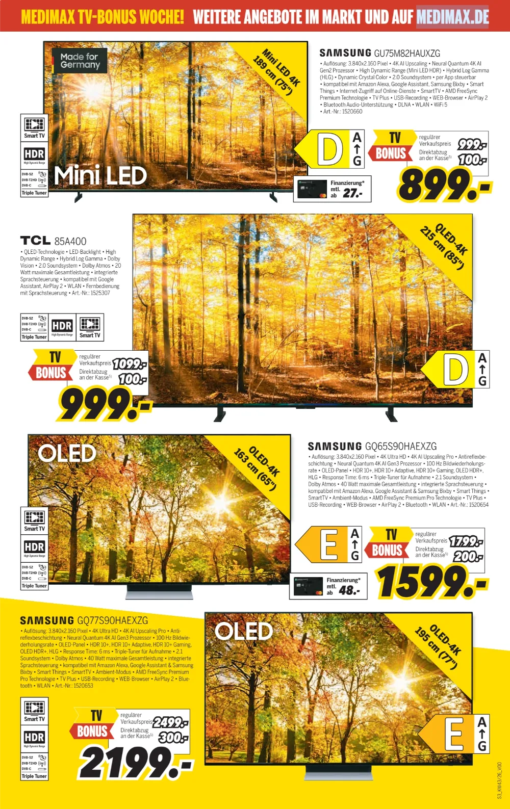 MEDIMAX Angebote KW 43 Seite 3 mit angeboten für Samsung Mini LED 4K TV, TCL 85A400, Samsung OLED-4K TV & Samsung GQ77S90HAEXZG