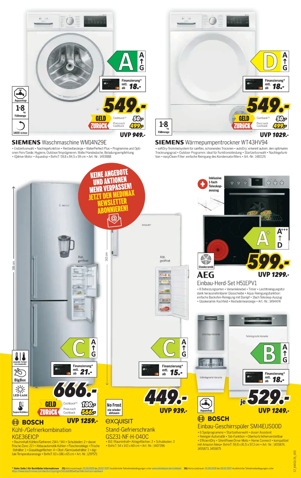 MEDIMAX Angebote KW 43 Seite 7 mit angeboten für Siemens Waschmaschine, Siemens Trockner, Bosch Kühl-Gefrierkombination & AEG Herd