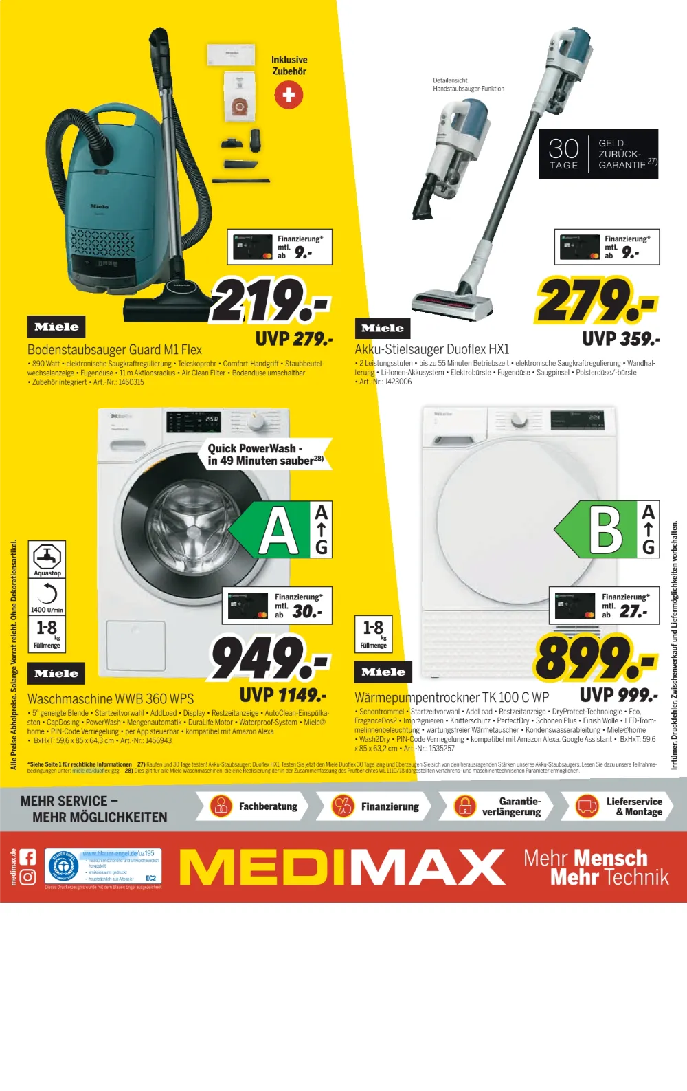 MEDIMAX Angebote KW 43 Seite 8 mit angeboten für Miele Bodenstaubsauger Guard, Akku-Staubsauger Duoflex & Miele Waschmaschine