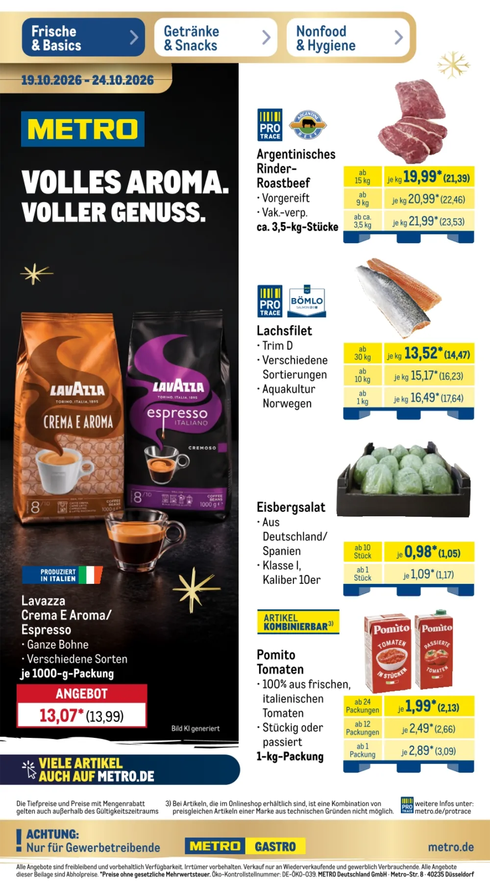 Metro Prospekt ab 19.10.2026 Seite 1 mit Lavazza Crema E Aroma, Argentinisches Rinder-Roastbeef, Lachsfilet & Pomito Tomaten