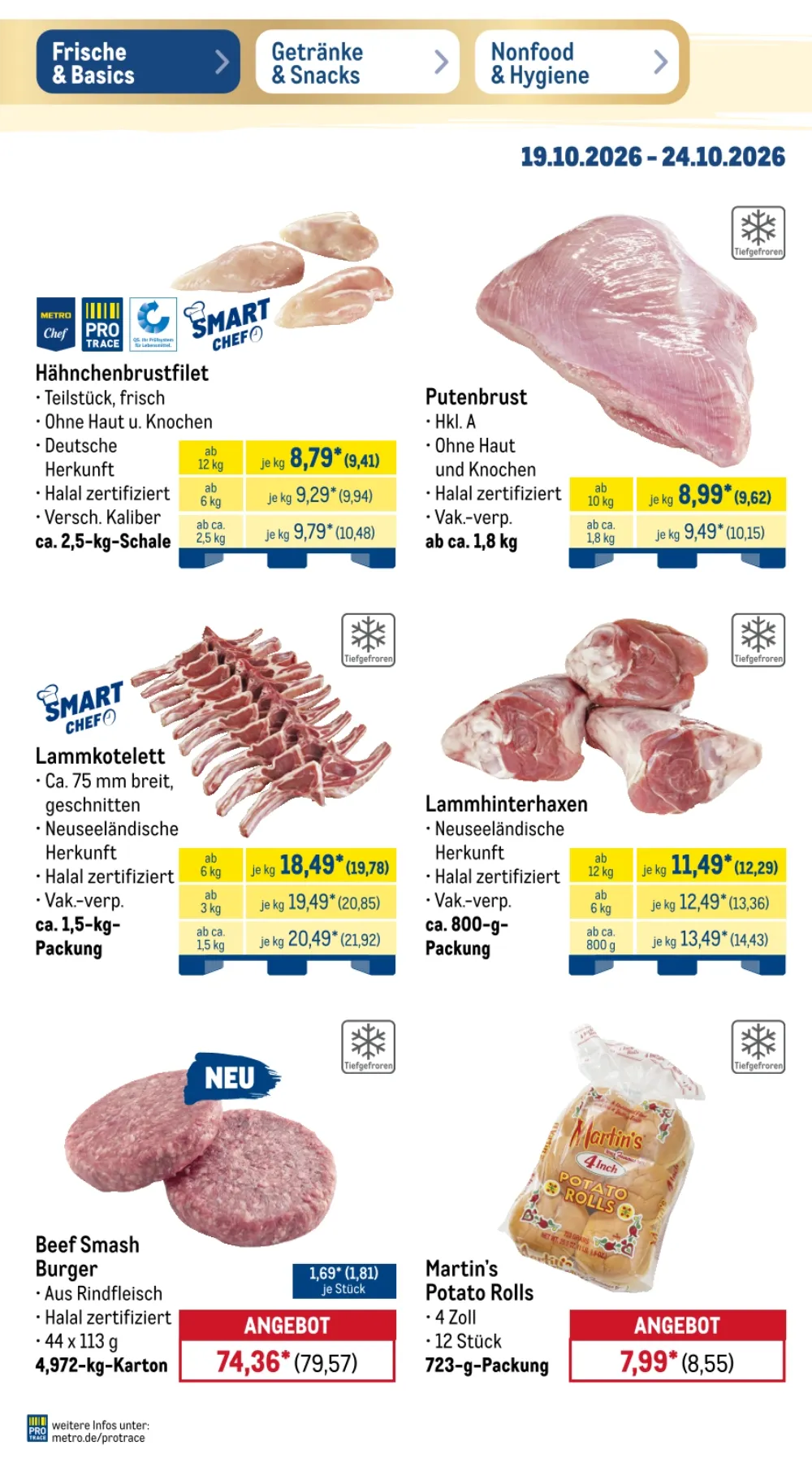 Metro Prospekt KW 43 Seite 6 mit Hähnchenbrustfilet, Putenbrust, Lammkotelett, Lammhinterhaxen & Beef Smash Burger