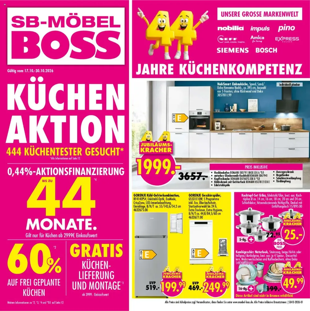 Möbel Boss Prospekt ab 17.10.2026 Seite 1 mit NobiSmart Einbauküche, Gorenje Kühl-Gefrierkombination & Kochtopf-Set Erika