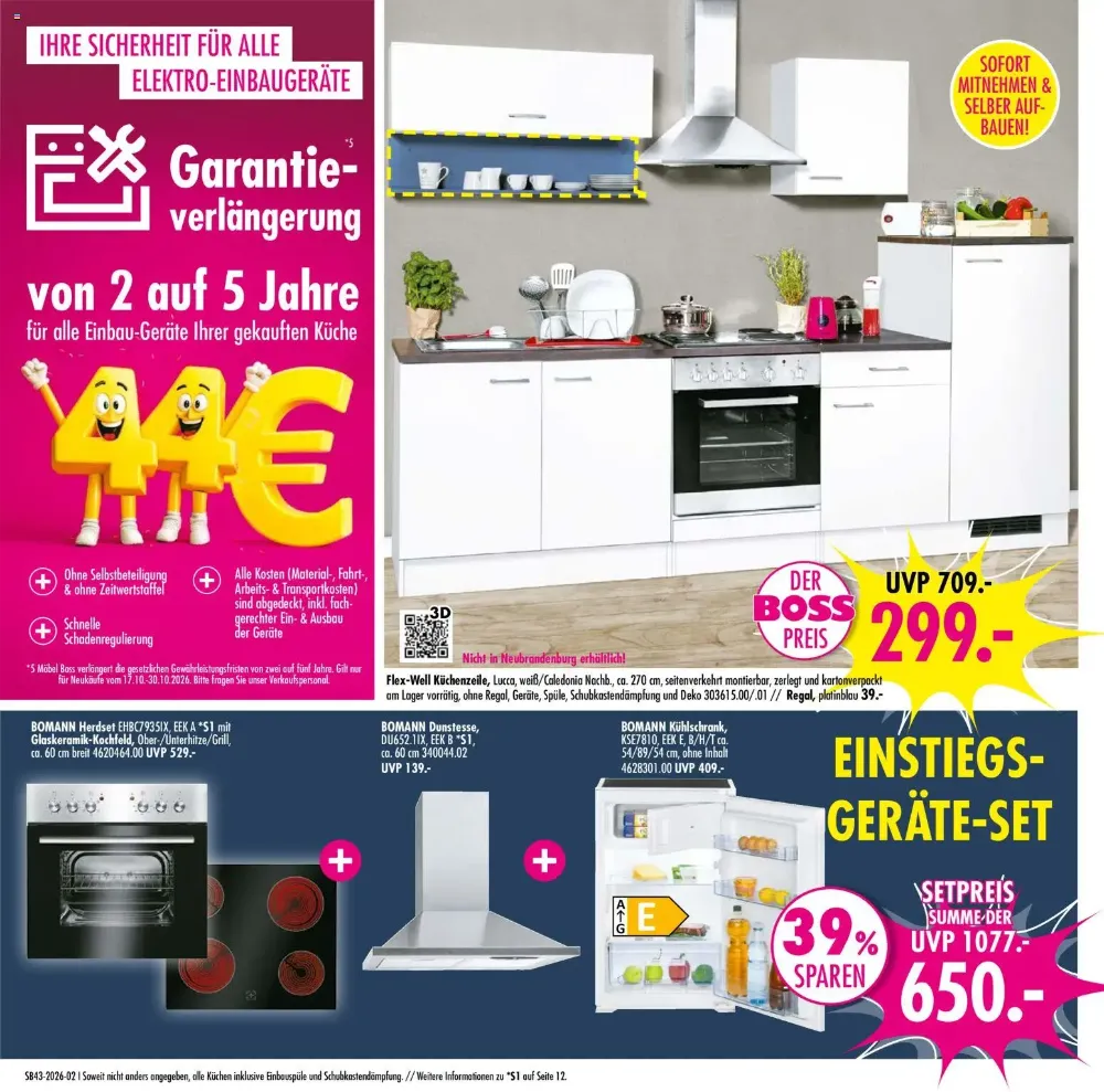 Möbel Boss Prospekt KW 43 Seite 2 mit Flex-Well Küchenzeile Lucca & Bomann Geräte-Set