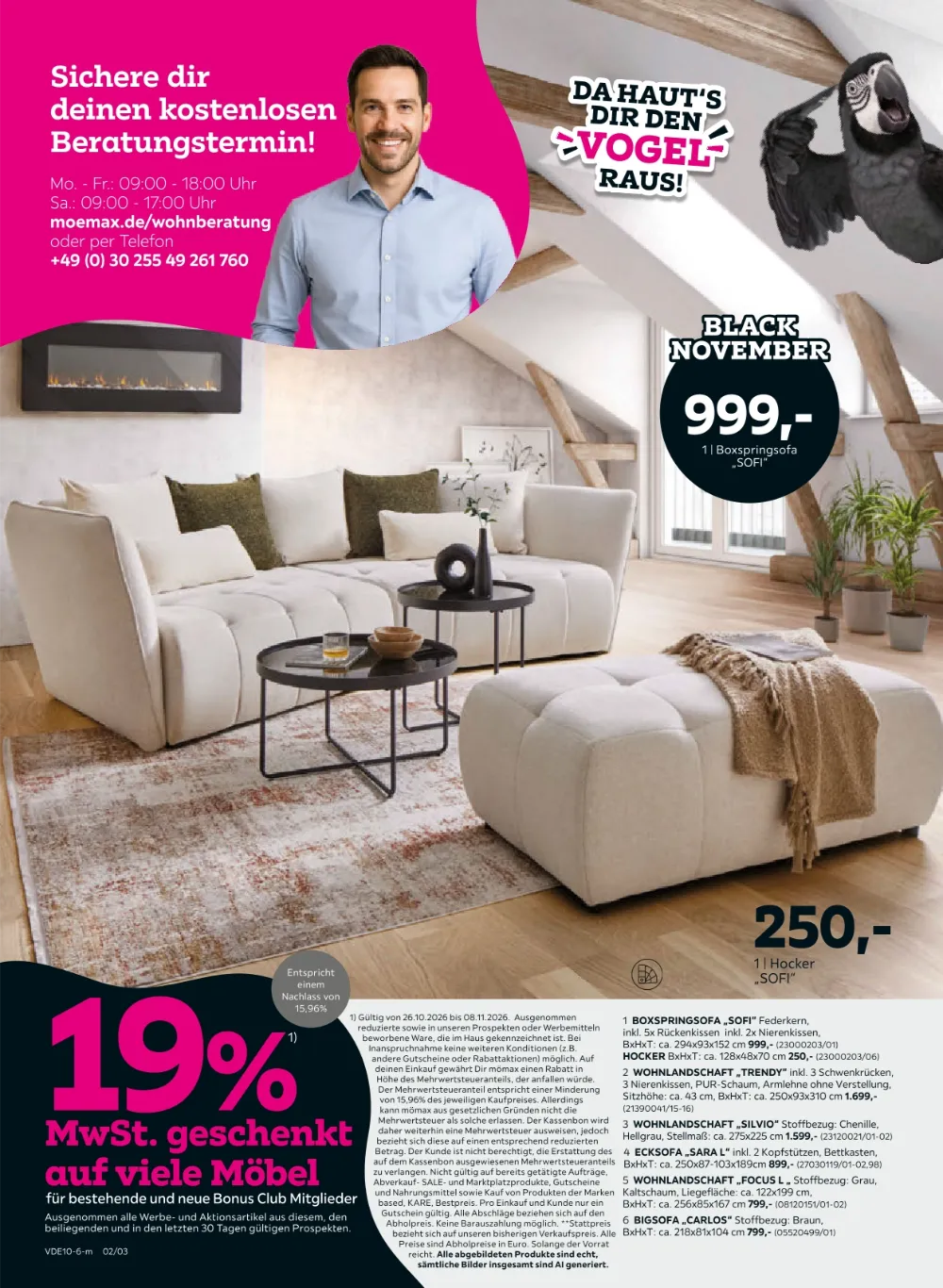Mömax Prospekt KW 44-45 Seite 2 mit Boxspringsofa, Hocker, Wohnlandschaft und Ecksofa