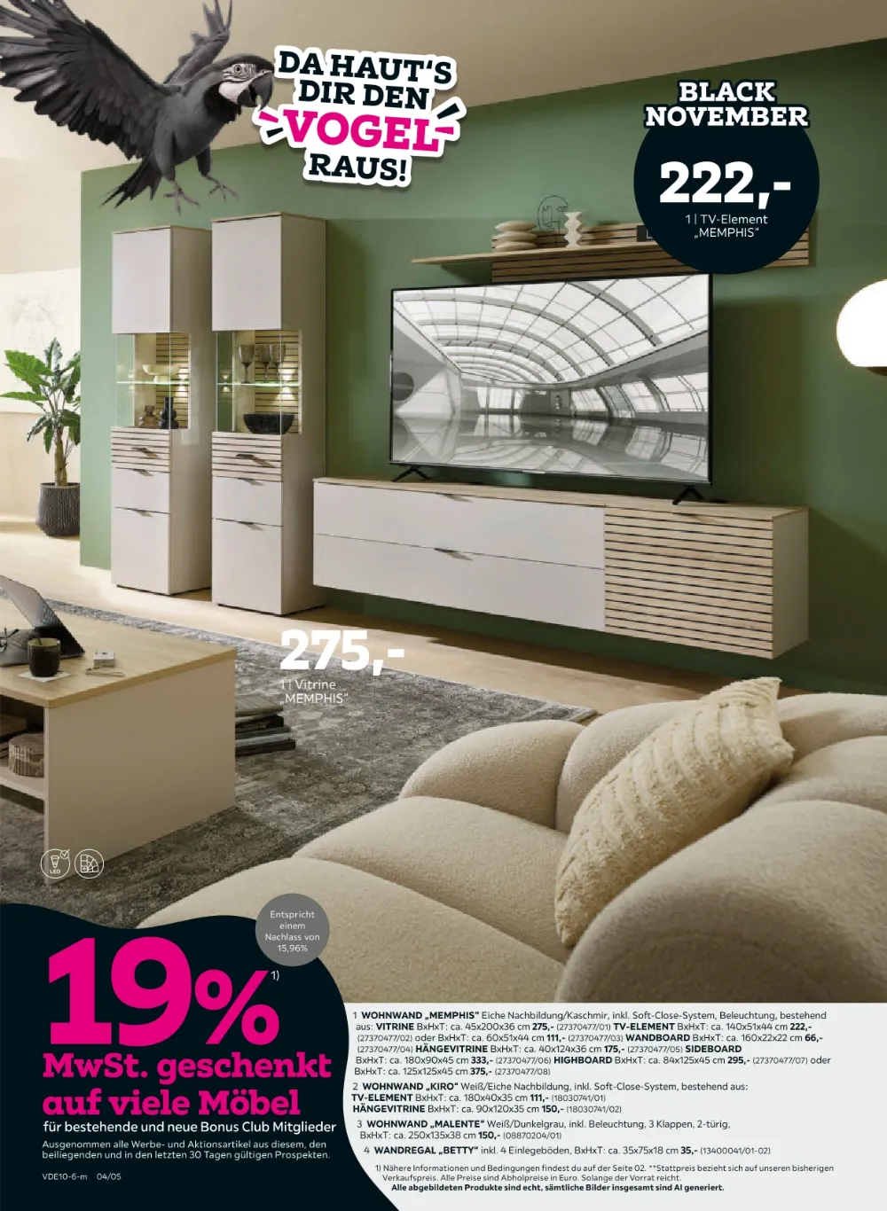 Mömax Prospekt KW 44-45 Seite 4 mit Wohnwand, Vitrine, TV-Element, Wandboard, Highboard und Wandregal