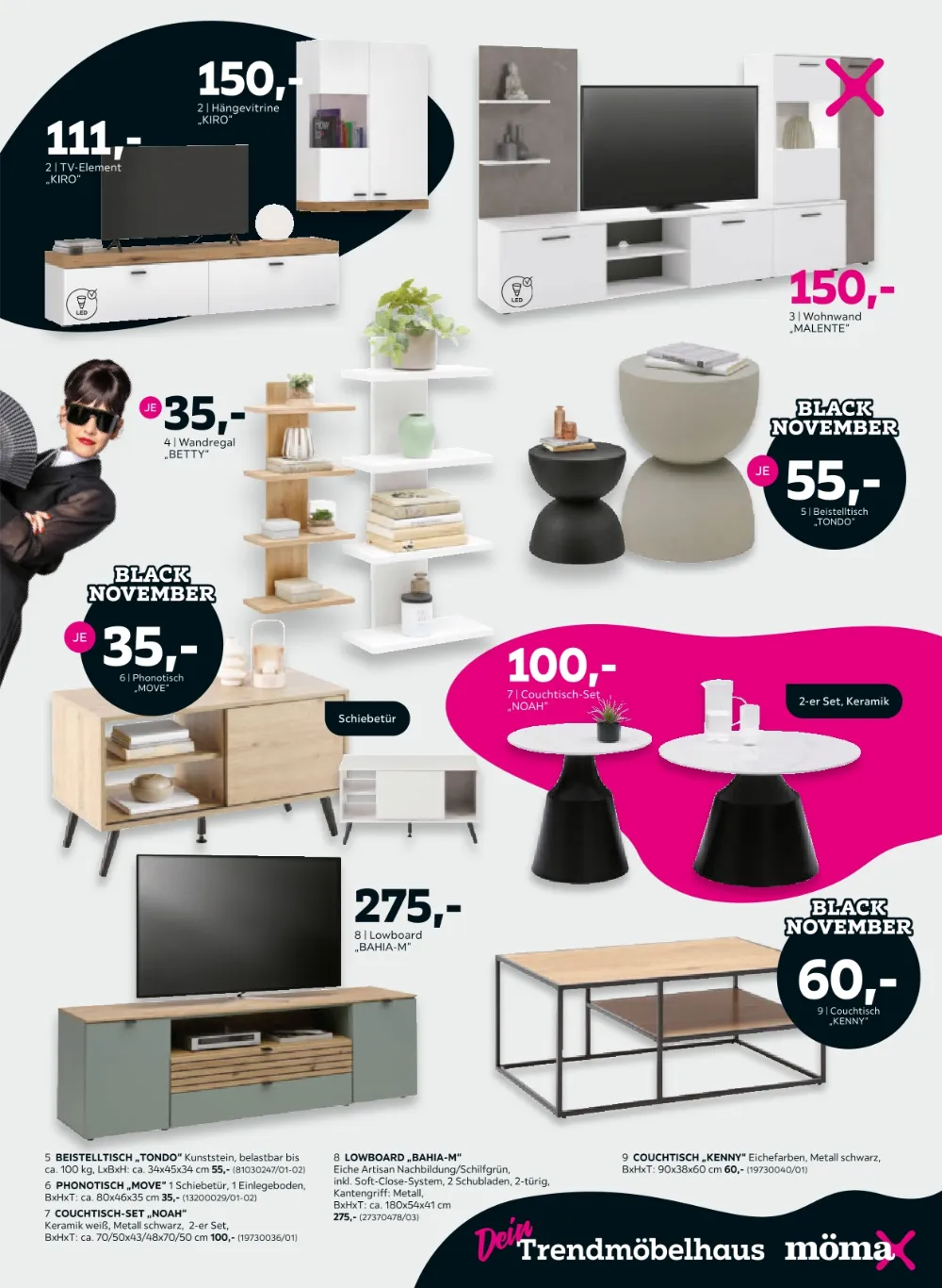 Mömax Prospekt KW 44-45 Seite 5 mit Hängevitrine, Wohnwand, Wandregal, Beistelltisch, Phonoschrank, Couchtisch-Set, Lowboard und Couchtisch
