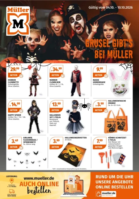 Müller Halloween Prospekt ab 05.10.2026 Müller Halloween Prospekt ab 05.10.2026 Seite 1 mit Horror Clown Kostüm, Maske, Halloweentasche und Kürbis-Schnitzset