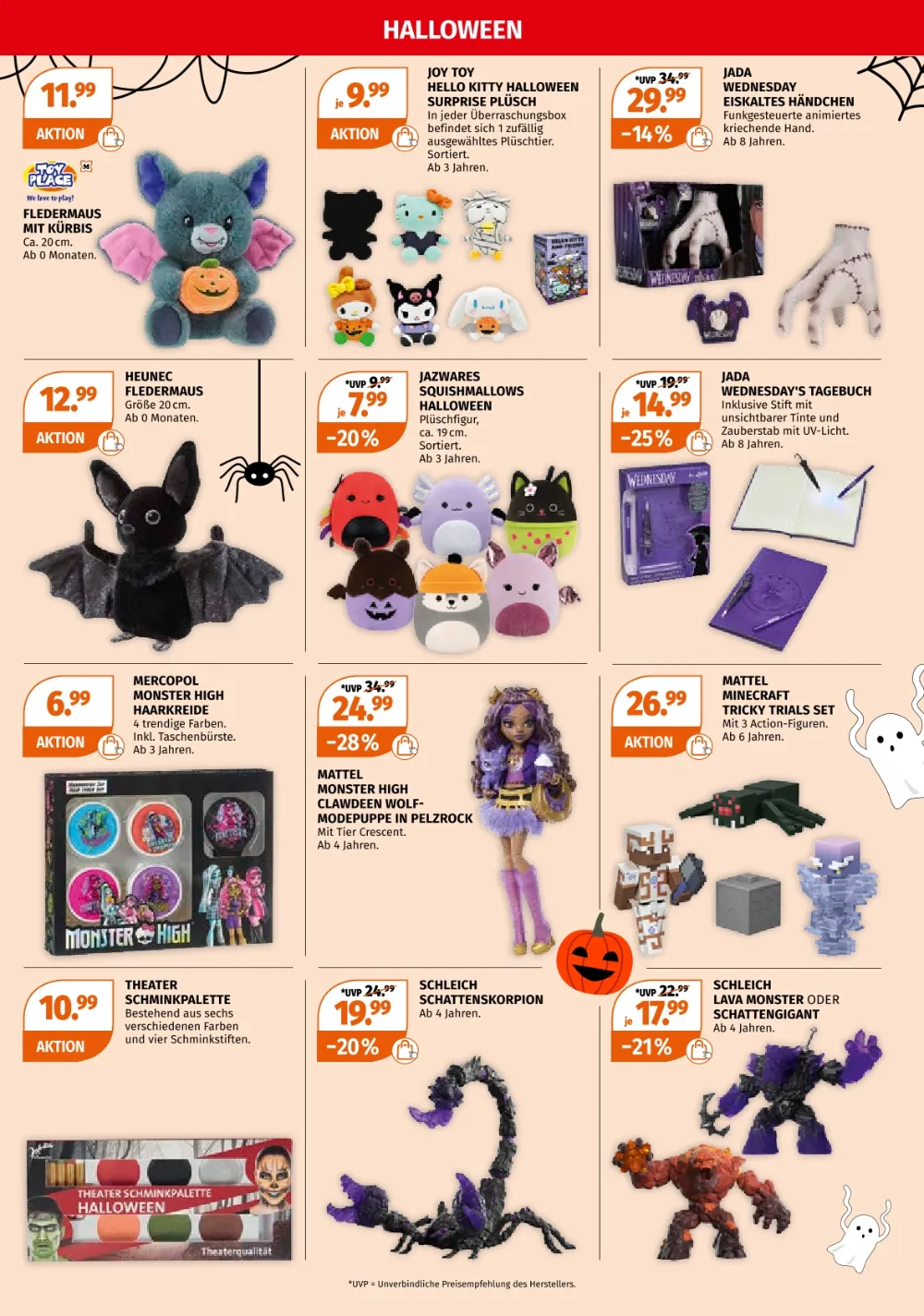 Müller Halloween Prospekt KW 41 Seite 3 mit Fledermaus Plüsch, Wednesday Händchen, Squishmallows und Monster High Puppe
