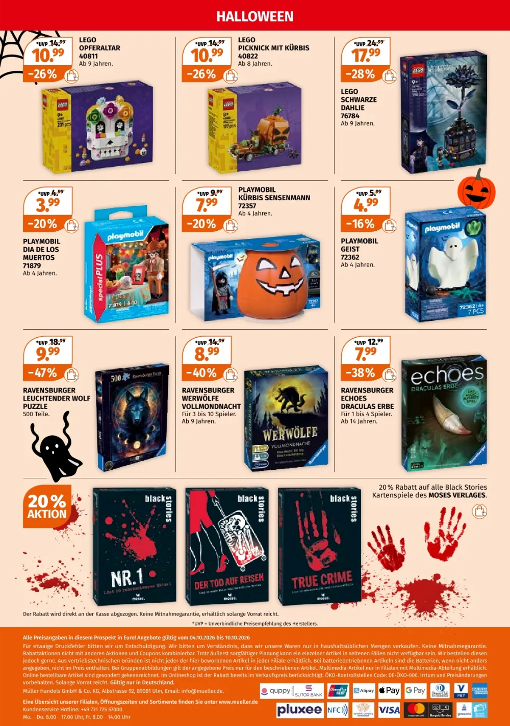 Müller Halloween Prospekt KW 41 Seite 4 mit Lego Sets, Playmobil Kürbis Sensenmann, Ravensburger Puzzles und Black Stories