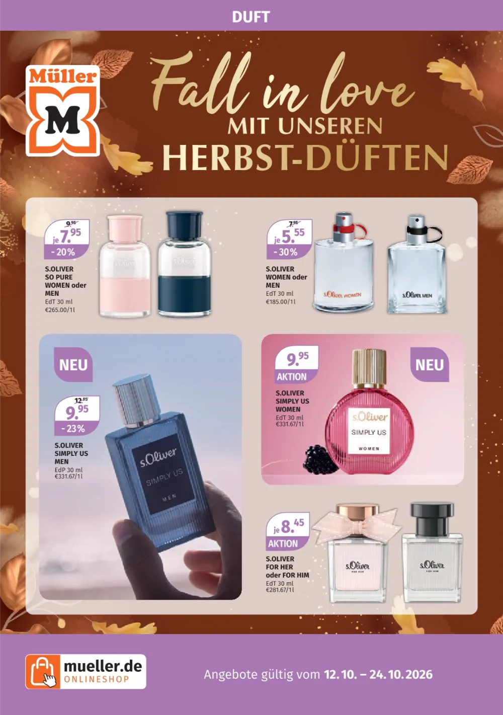 Müller Prospekt ab 12.10.2026 Seite 1 mit s.Oliver So Pure, Simply Us & Herbst-Düften