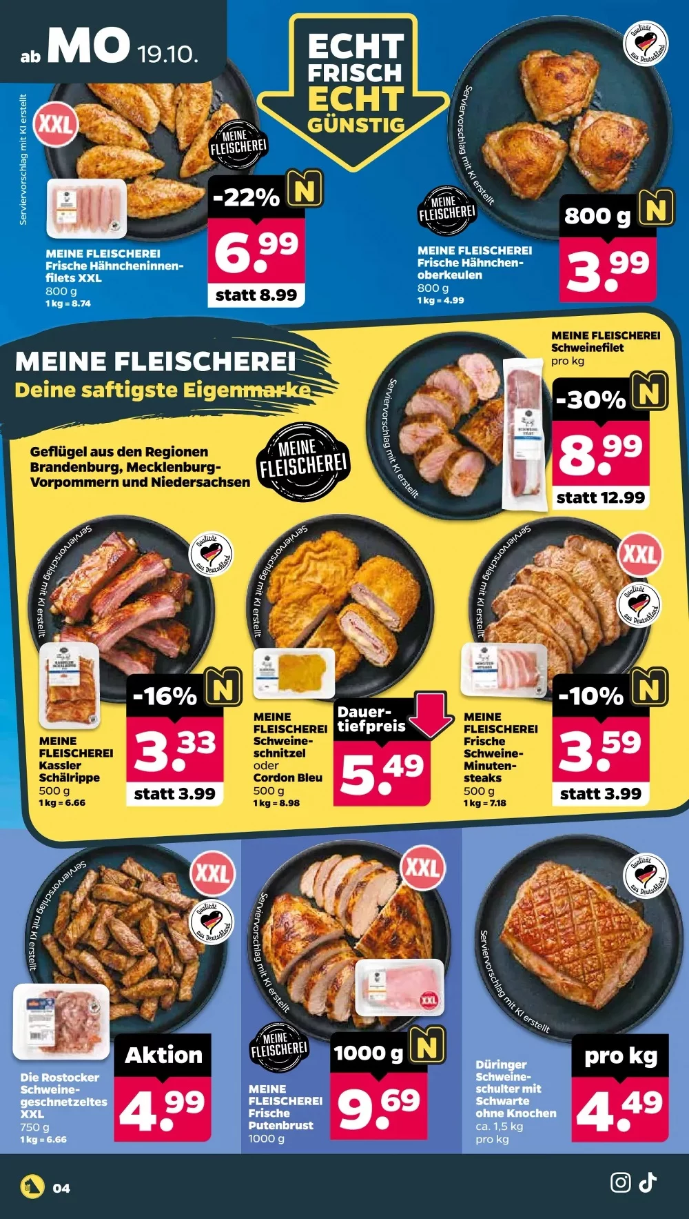 Netto Angebote KW 43 Seite 4 mit angeboten für Frische Hähncheninnenfilets, Kassler Schälrippe & Schweineschnitzel