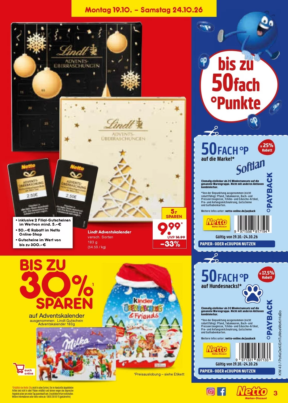 Netto Marken-Discount Prospekt KW 43 Seite 3 mit Lindt Adventskalender & Kinder Überraschung & Friends