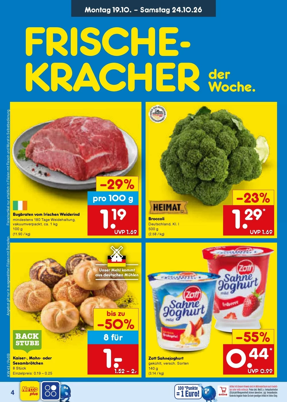 Netto Marken-Discount Prospekt KW 43 Seite 4 mit Bugbraten, Broccoli, Kaiserbrötchen & Zott Sahnejoghurt