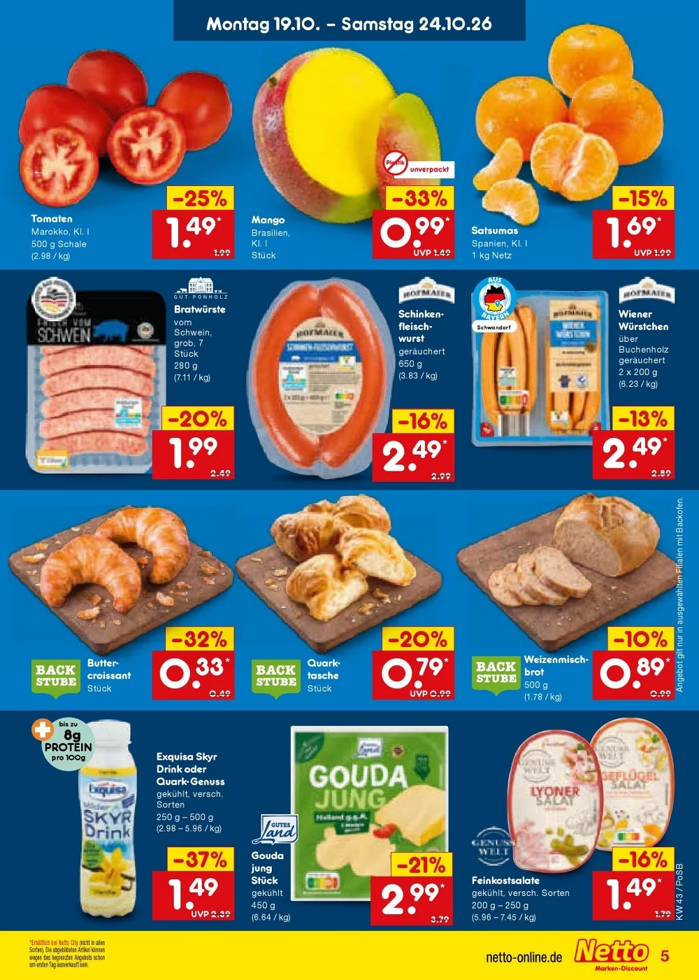 Netto Marken-Discount Prospekt KW 43 Seite 5 mit Tomaten, Mango, Satsumas, Bratwürste, Schinkenfleischwurst & Croissants