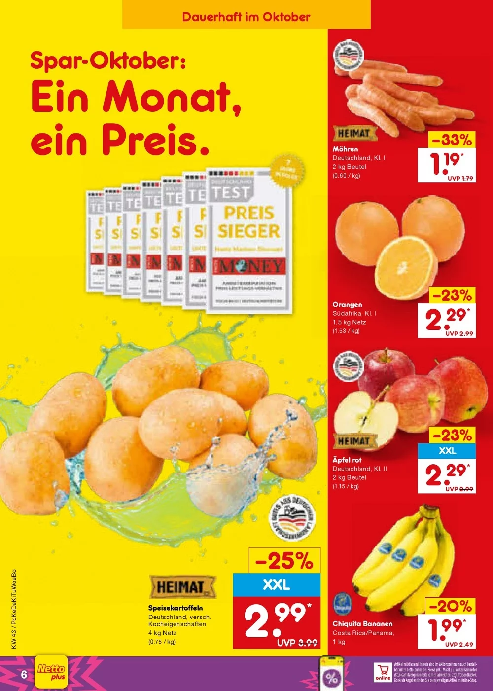 Netto Marken-Discount Prospekt KW 43 Seite 6 mit Speisekartoffeln, Möhren, Orangen, Äpfeln rot & Chiquita Bananen