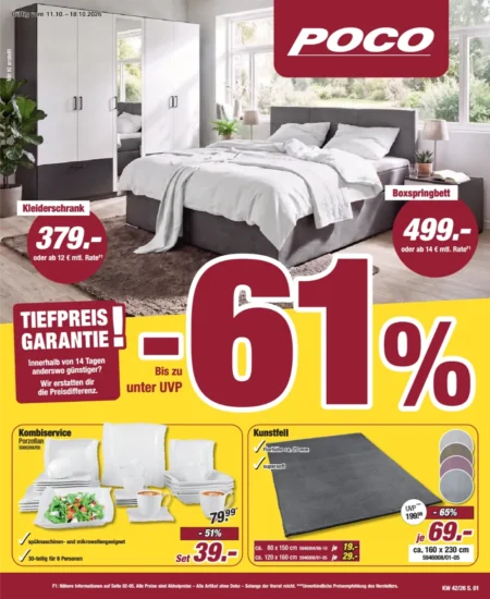 POCO Prospekt ab 12.10.2026 (KW 42) Poco Prospekt ab 12.10.2026 Seite 1 mit Kleiderschrank, Boxspringbett, Kombiservice & Kunstfell