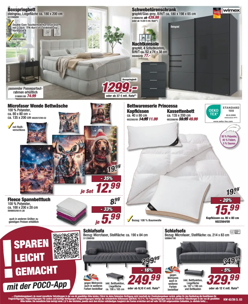Poco Prospekt KW 42 Seite 3 mit Boxspringbett, Wimex Schwebetürenschrank, Bettwaren & Schlafsofa