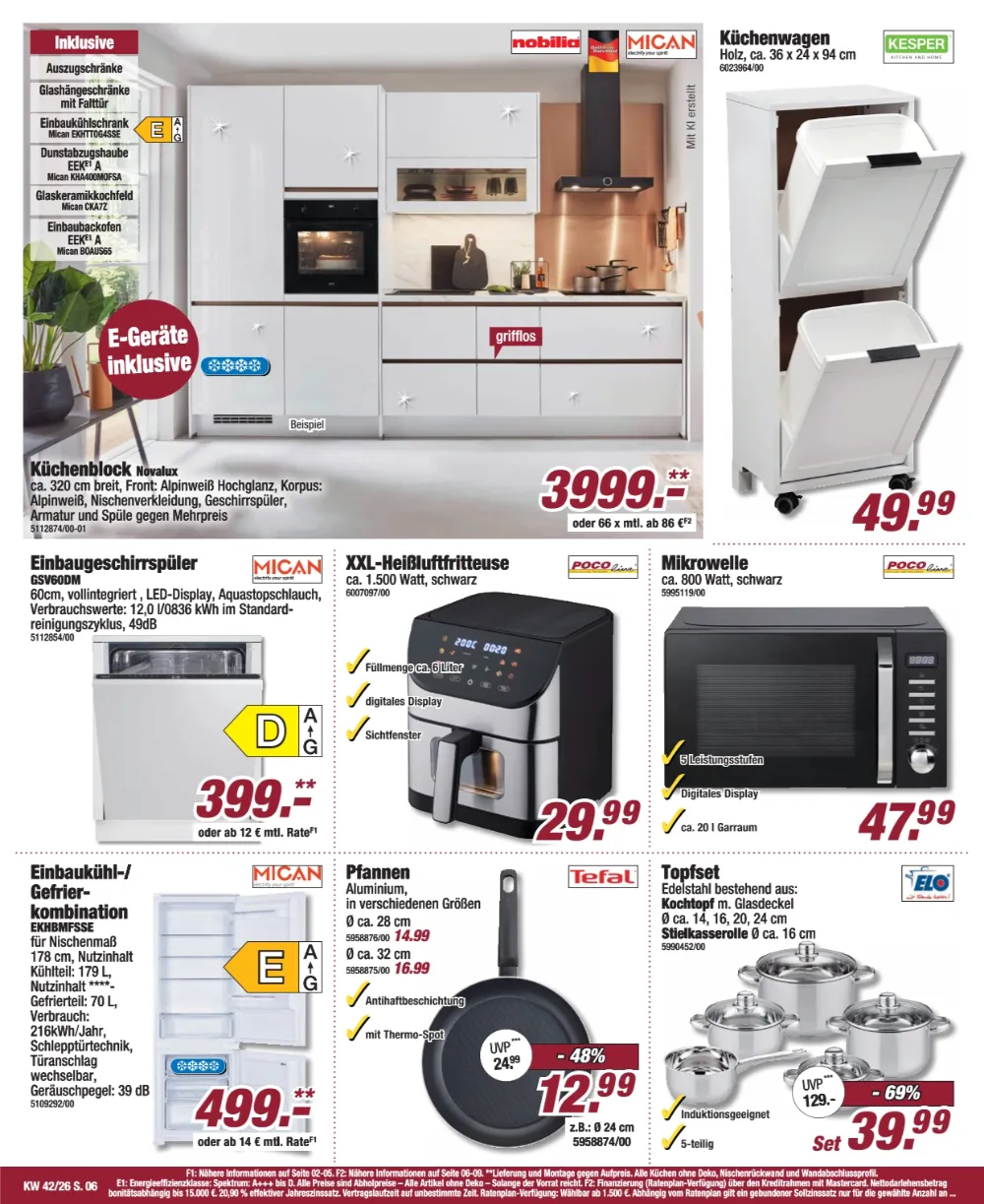 Poco Prospekt KW 42 Seite 6 mit Nobilia Küchenblock Novalux, Mican Einbaugeschirrspüler & Tefal Pfannen