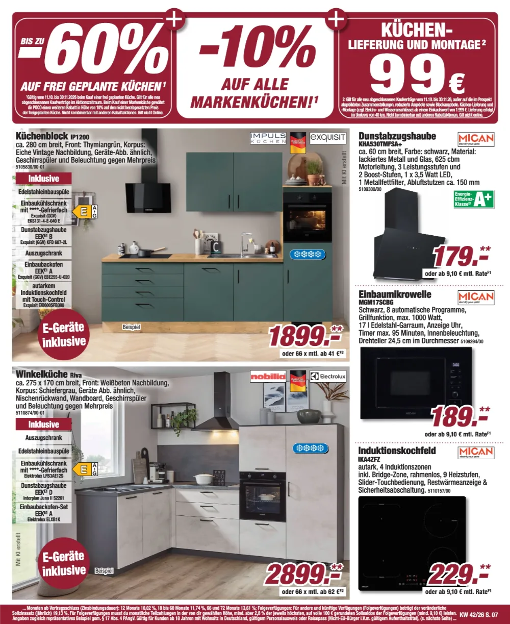 Poco Prospekt KW 42 Seite 7 mit Impuls Küchenblock IP1200, Nobilia Winkelküche Riva & Mican Mikrowelle