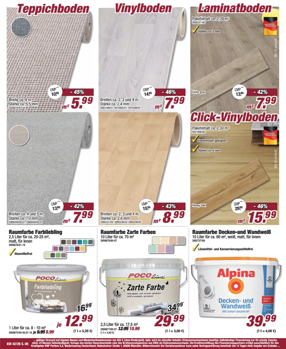 Poco Prospekt KW 42 Seite 8 mit Teppichboden, Vinylboden, Laminatboden & Alpina Decken- und Wandweiß
