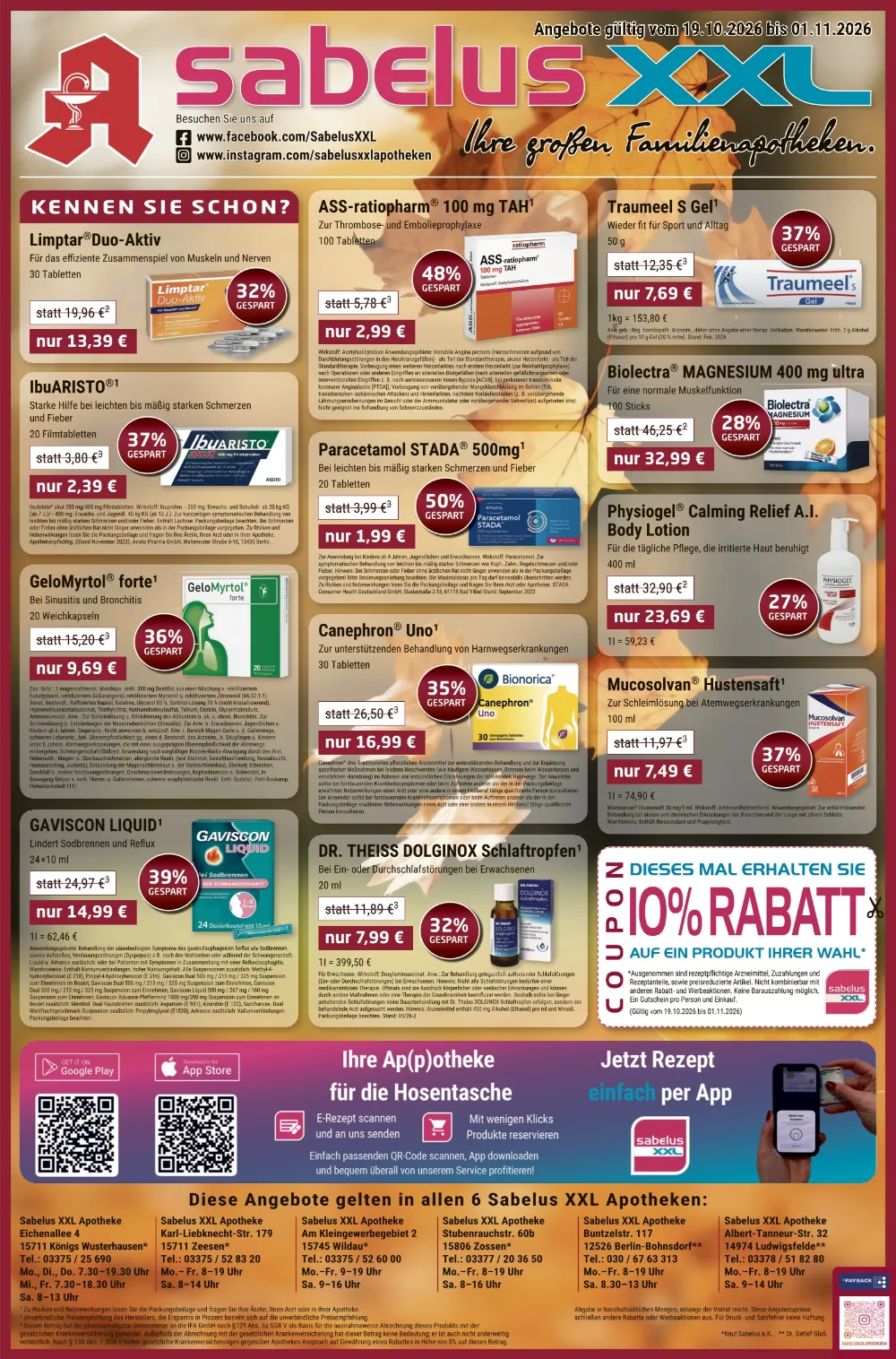 Sabelus XXL Prospekt ab 19.10.2026 KW 43-44 Seite 1 mit Limptar Duo Aktiv, ASS-ratiopharm, IbuARISTO & Traumeel S Gel