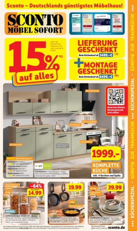 Sconto Prospekt ab 14.10.2026 (KW 42– 45) Küchen Sconto Angebote ab 14.10.2026 bis 10.11.2026 Seite 1 mit Küchenzeile Salbeigrün, Mepal Dosen-Set, KHG Pfannenset & Kombiservice Sardara