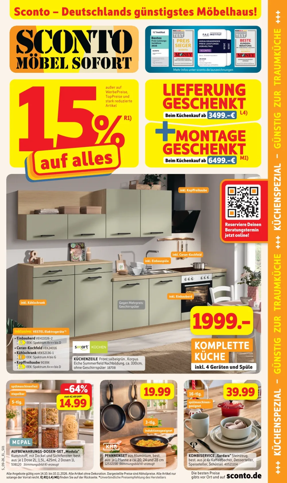 Sconto Angebote ab 14.10.2026 bis 10.11.2026 Seite 1 mit Küchenzeile Salbeigrün, Mepal Dosen-Set, KHG Pfannenset & Kombiservice Sardara
