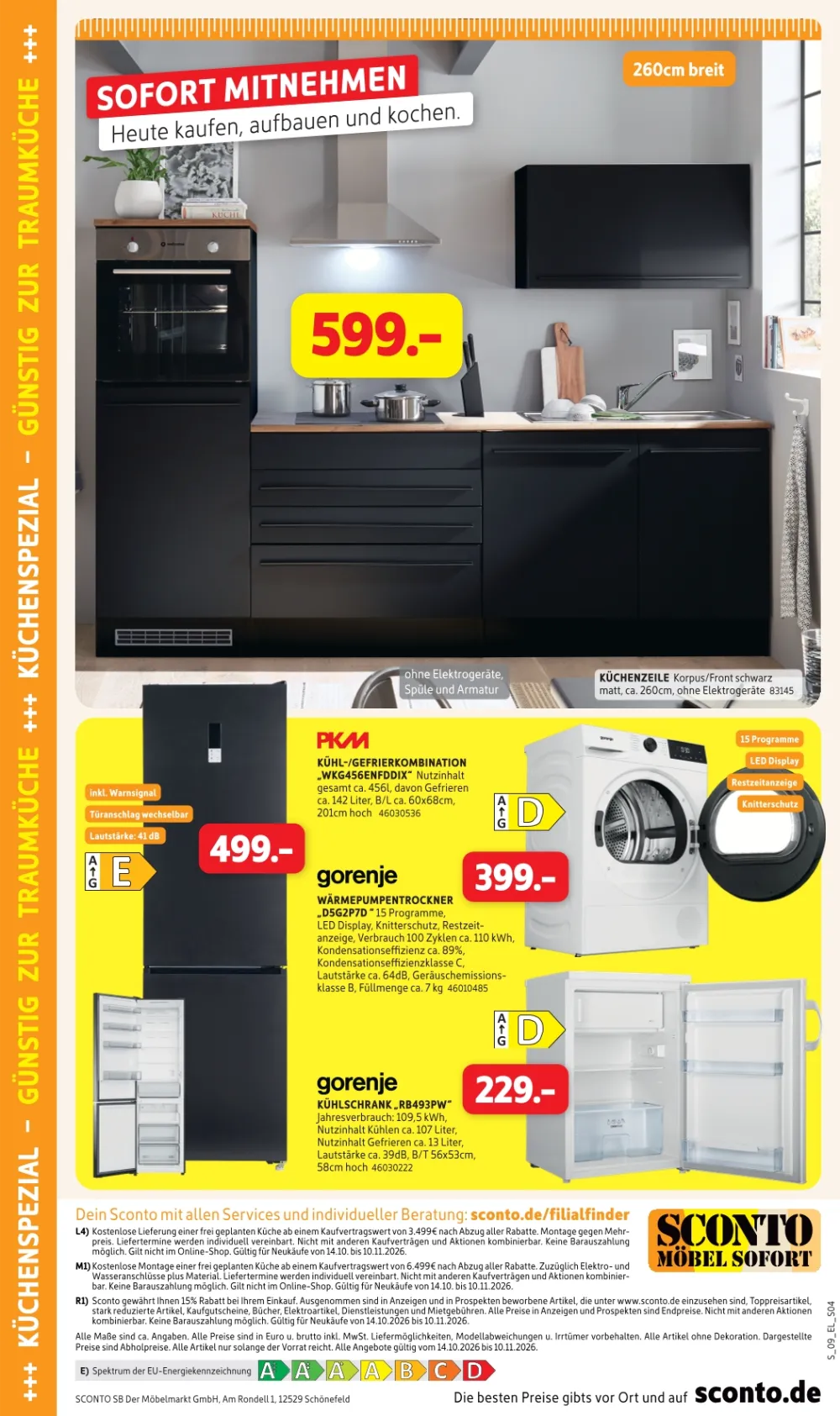 Sconto Angebote KW 42-45 Seite 4 mit Küchenzeile Schwarz, Gorenje Kühl-/Gefrierkombination, Wärmepumpentrockner & Kühlschrank