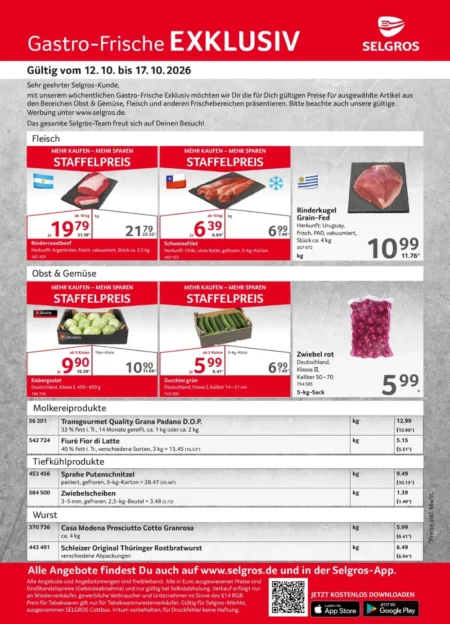 Selgros Gastro Prospekt ab 12.10.2026 (KW 42) Selgros Gastro Prospekt ab 12.10.2026 Seite 1 mit Rinderroastbeef, Schweinefilet, Eisbergsalat, Zucchini & Zwiebeln