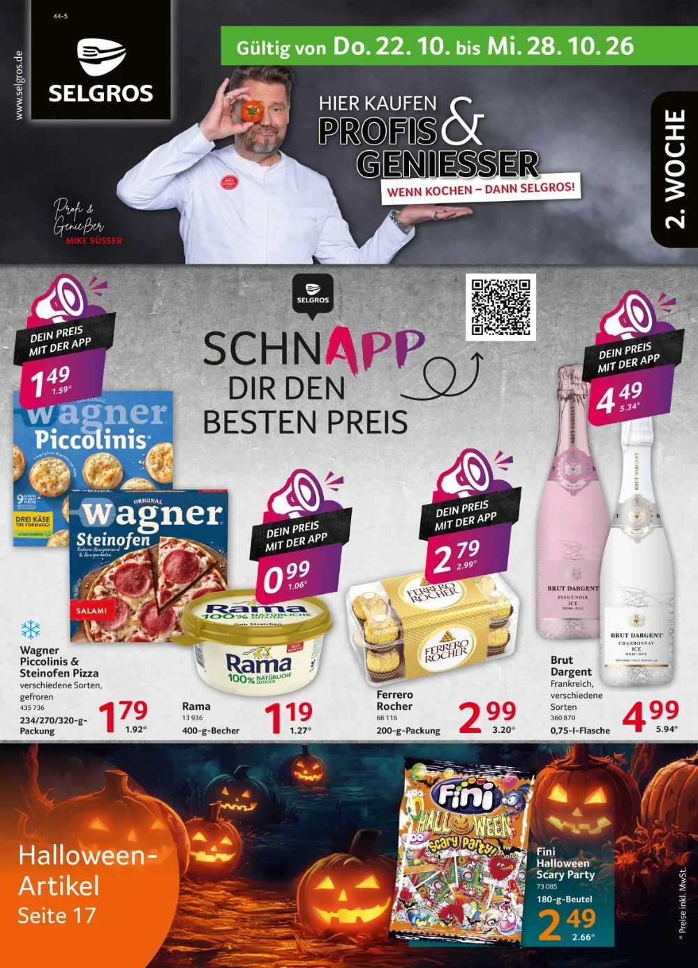 Selgros Prospekt ab 22.10.2026 Seite 1 mit Wagner Piccolinis, Steinofen Pizza, Rama, Ferrero Rocher & Brut Dargent