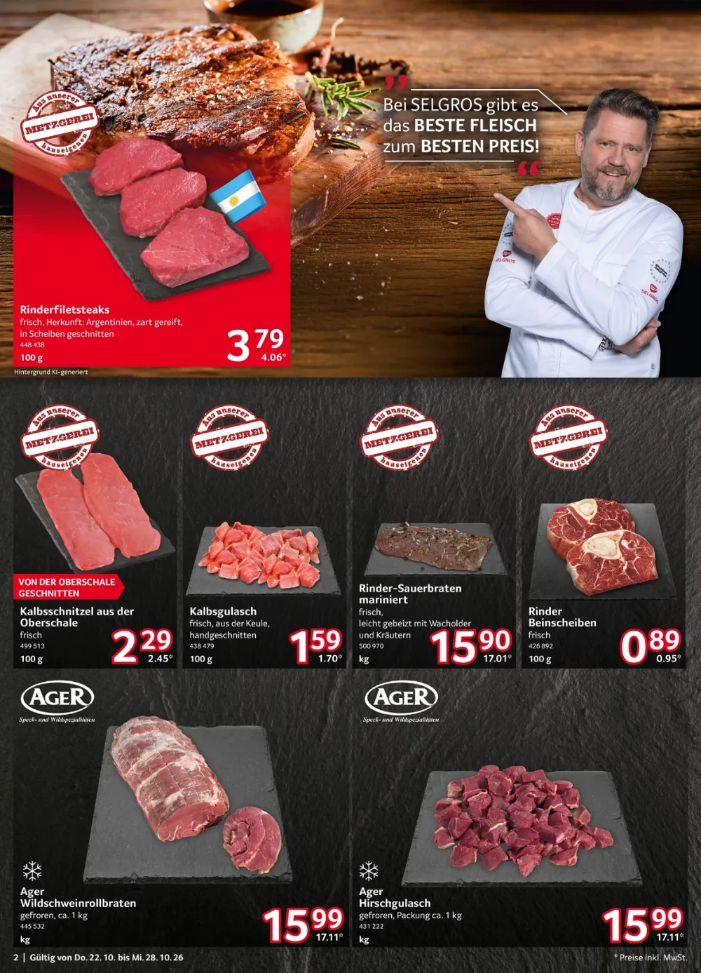 Selgros Prospekt KW 43 Seite 2 mit Rinderfiletsteaks, Kalbsschnitzel, Kalbsgulasch & Rinder-Sauerbraten mariniert