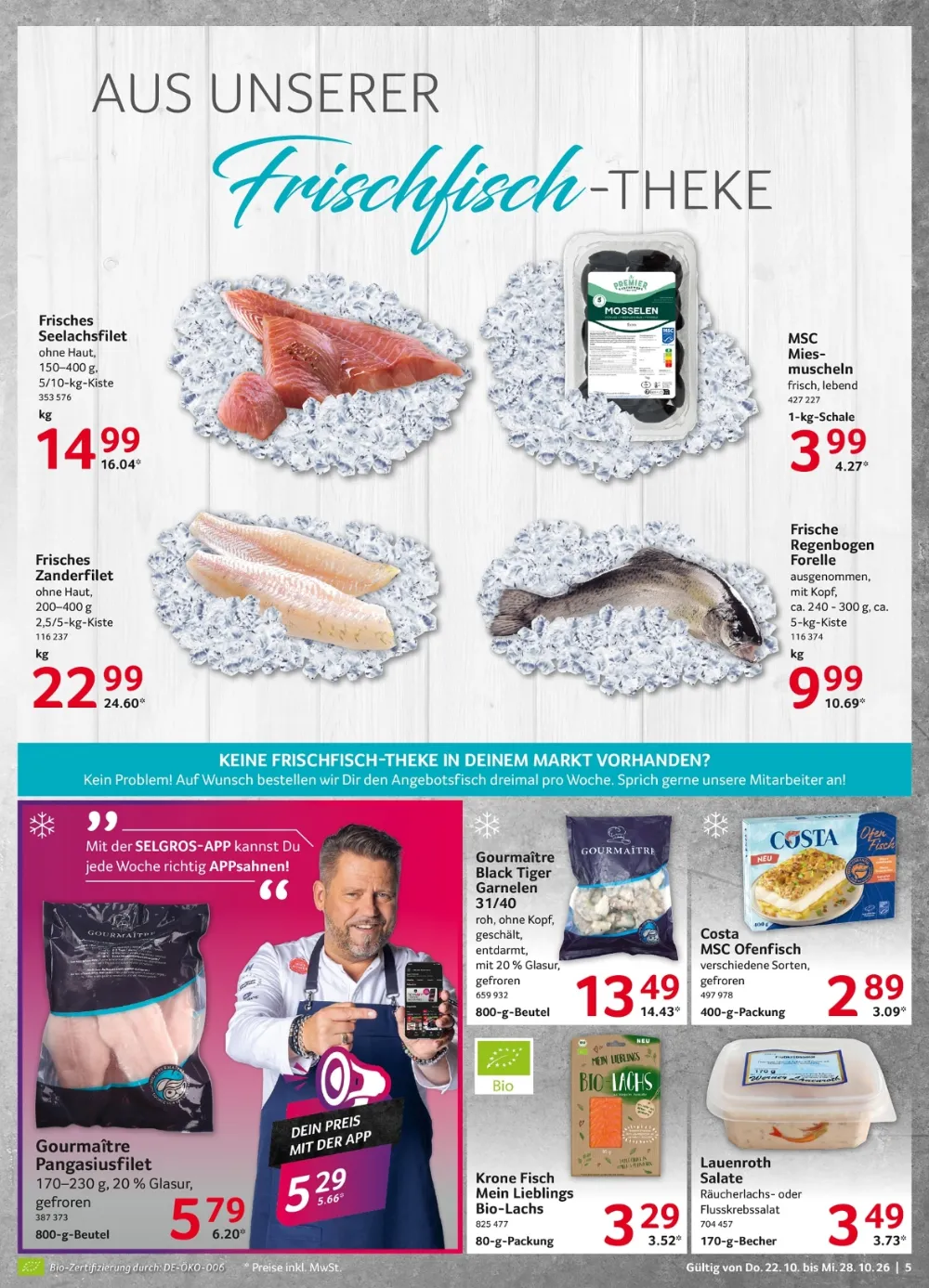 Selgros Prospekt KW 43 Seite 5 mit Frisches Seelachsfilet, Miesmuscheln, Zanderfilet & Regenbogen Forelle