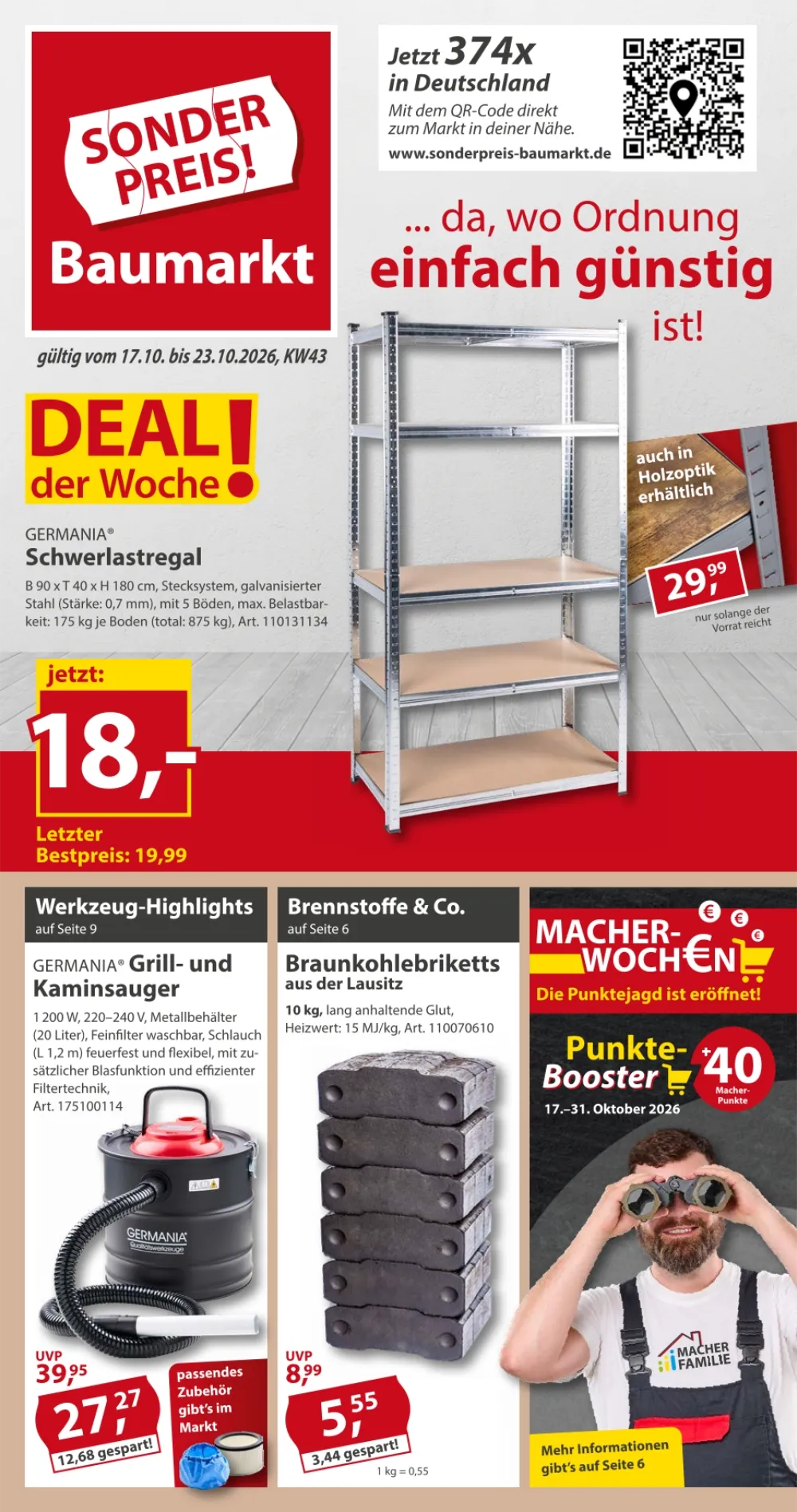 Sonderpreis Baumarkt Prospekt ab 17.10.2026 Seite 1 mit Schwerlastregal, Grill- und Kaminsauger & Braunkohlebriketts