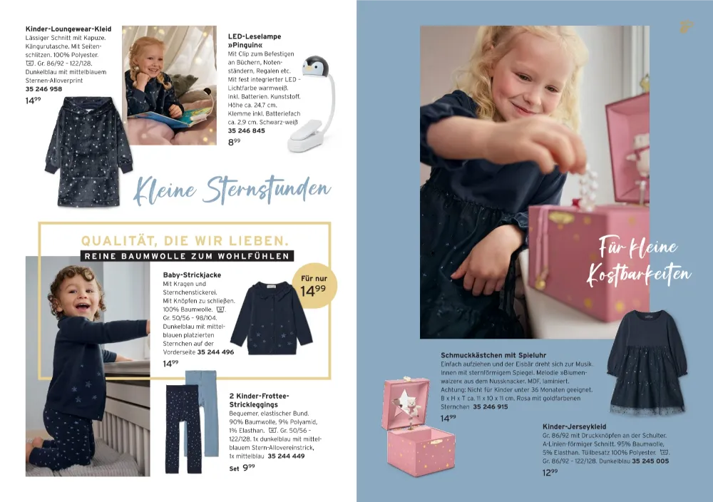 Mit angeboten für Tchibo KW 43 Seite 4 mit Kinder-Loungewear-Kleid, LED-Leselampe Pinguin, Baby-Strickjacke & Schmuckkästchen
