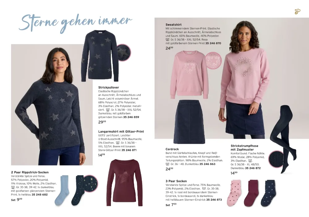Mit angeboten für Tchibo KW 43 Seite 6 mit Strickpullover, Langarmshirt mit Glitzer-Print, Sweatshirt, Cordrock & Strickstrumpfhose