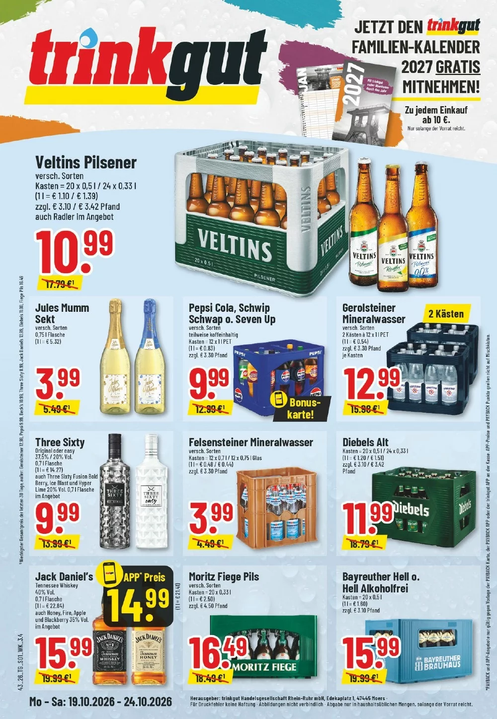Trinkgut Prospekt ab 19.10.2026 Seite 1 mit Veltins Pilsener, Jules Mumm, Pepsi, Three Sixty & Jack Daniel's