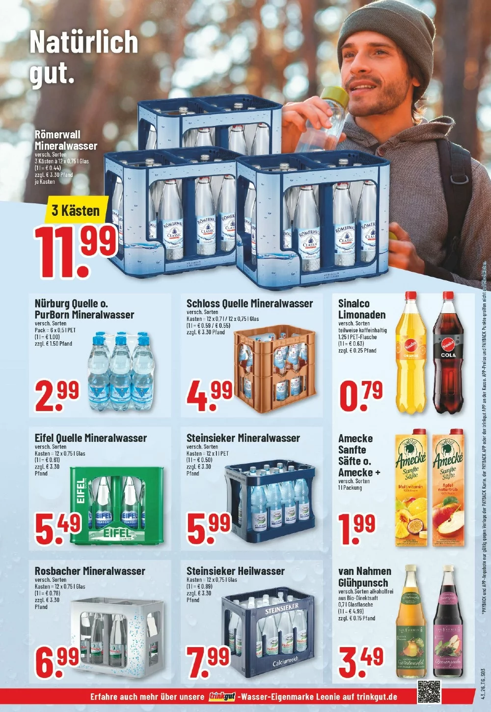 Trinkgut Prospekt KW 43 Seite 3 mit Römerwall Mineralwasser, Nürburg Quelle, Sinalco & Amecke Säfte