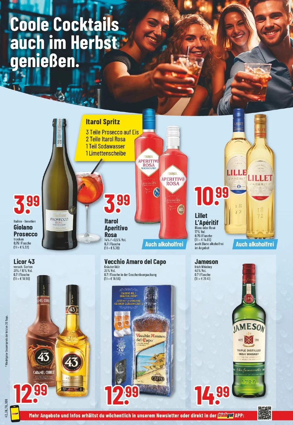 Trinkgut Prospekt KW 43 Seite 8 mit Giolano Prosecco, Itarol Aperitivo, Lillet L'Apéritif & Licor 43