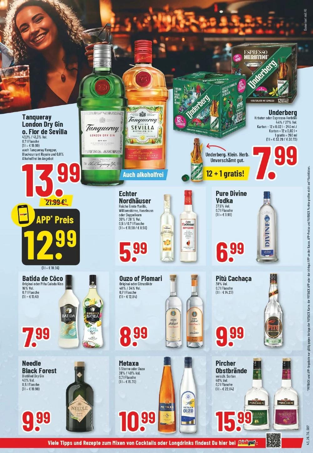 Trinkgut Prospekt KW 43 Seite 9 mit Tanqueray London Dry Gin, Underberg, Echter Nordhäuser & Batida de Côco