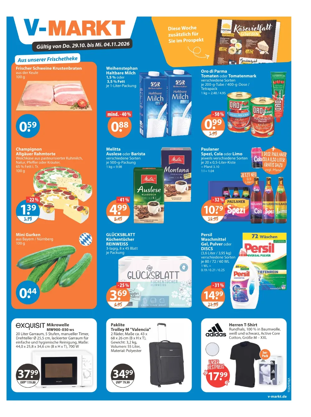 V-Markt Hallertau Angebote ab 29.10.2026, Seite 1 mit Angeboten für Schweine Krustenbraten, Weihenstephan Milch und Persil