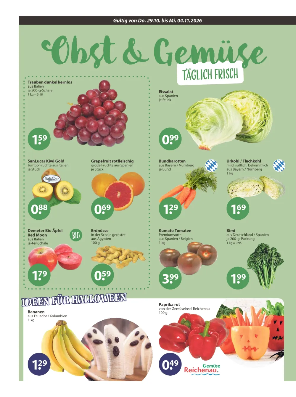 V-Markt Hallertau Angebote KW 44, Seite 4 mit Angeboten für Trauben dunkel, SanLucar Kiwi, Eissalat und Bananen