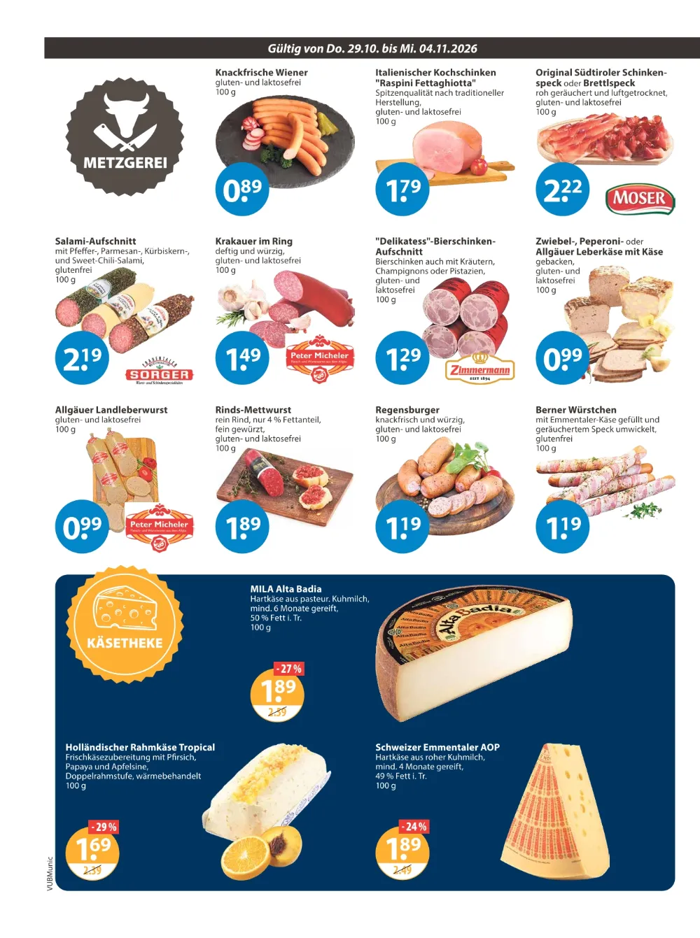 V-Markt München Prospekt KW 44, Seite 2 Wiener Würstchen, Salami-Aufschnitt, MILA Käse und Schweizer Emmentaler