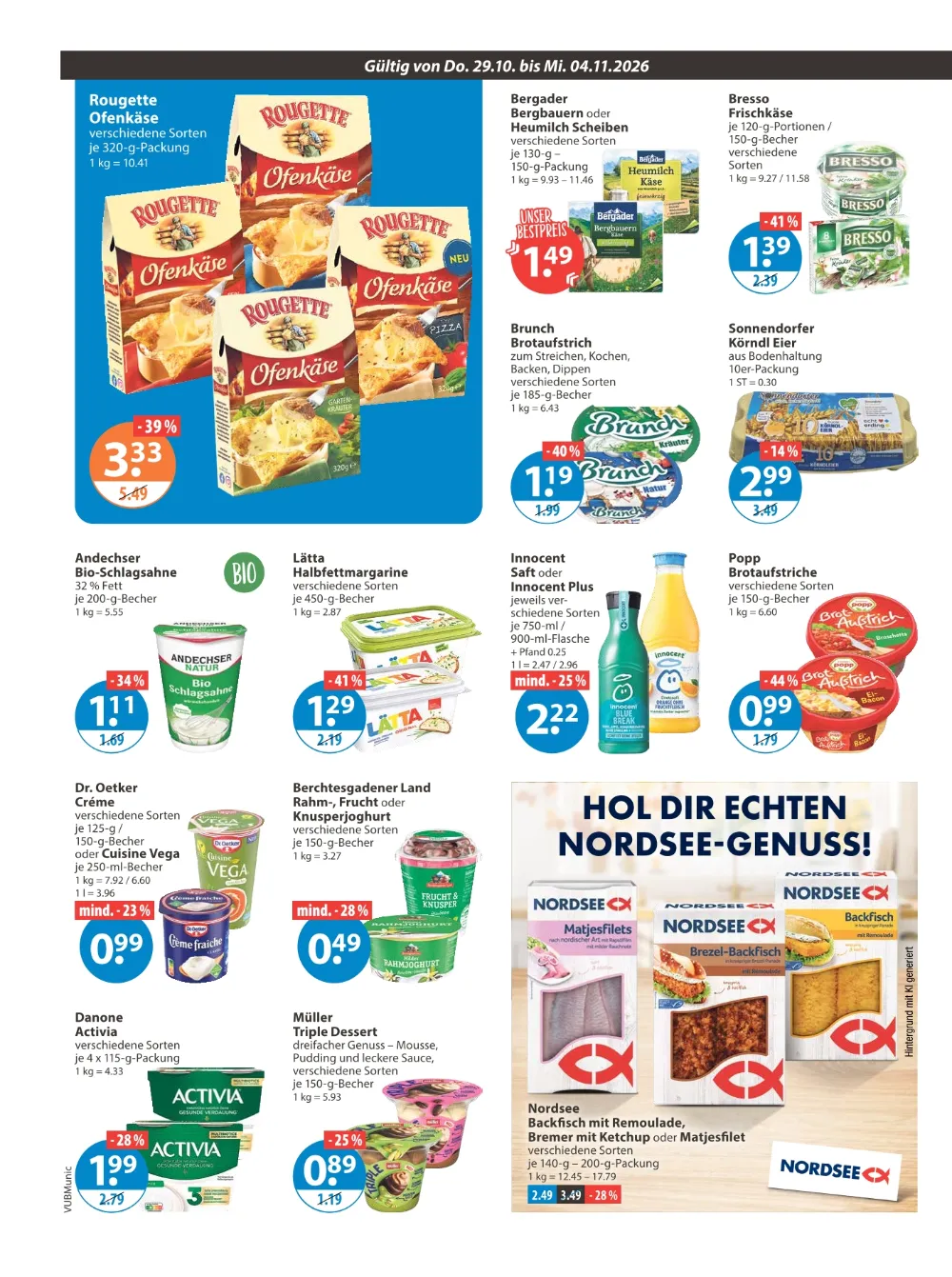 V-Markt München Prospekt KW 44, Seite 6 Rougette Ofenkäse, Lätta, Innocent Saft, Dr. Oetker Crème und Nordsee Backfisch